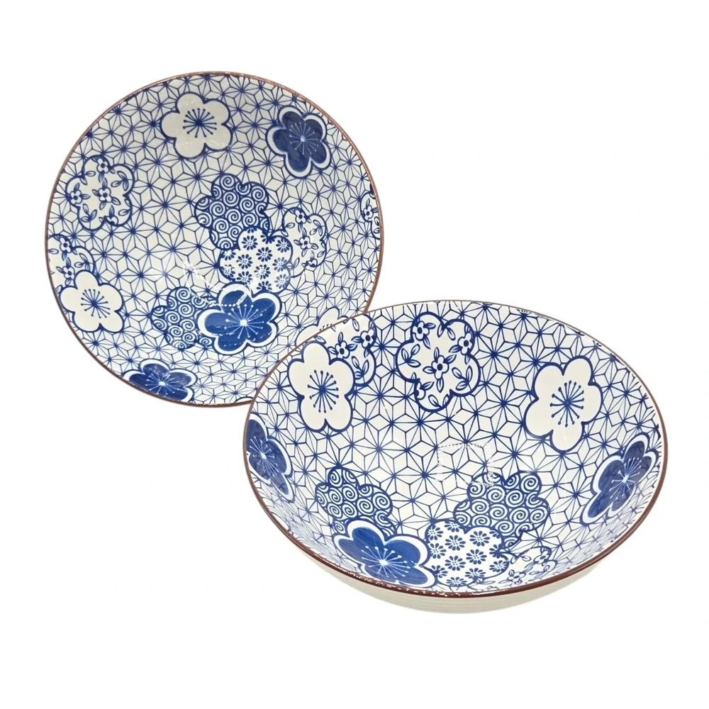 SH Home Blue Floral Ceramic Ramen Noodle Bowl Set of 2 With Chopsticks And Spoon